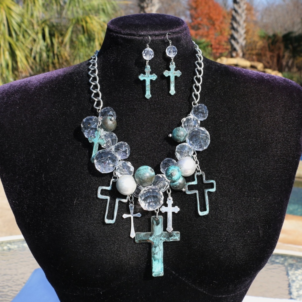 Chunky Boho Cross Necklace Crystal Bead MIxed Set